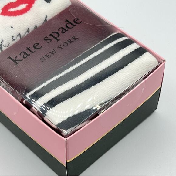 Kate Spade Crew Lips Print Striped Solid 3 Pairs Crew Socks Gift Box - Picture 2 of 5